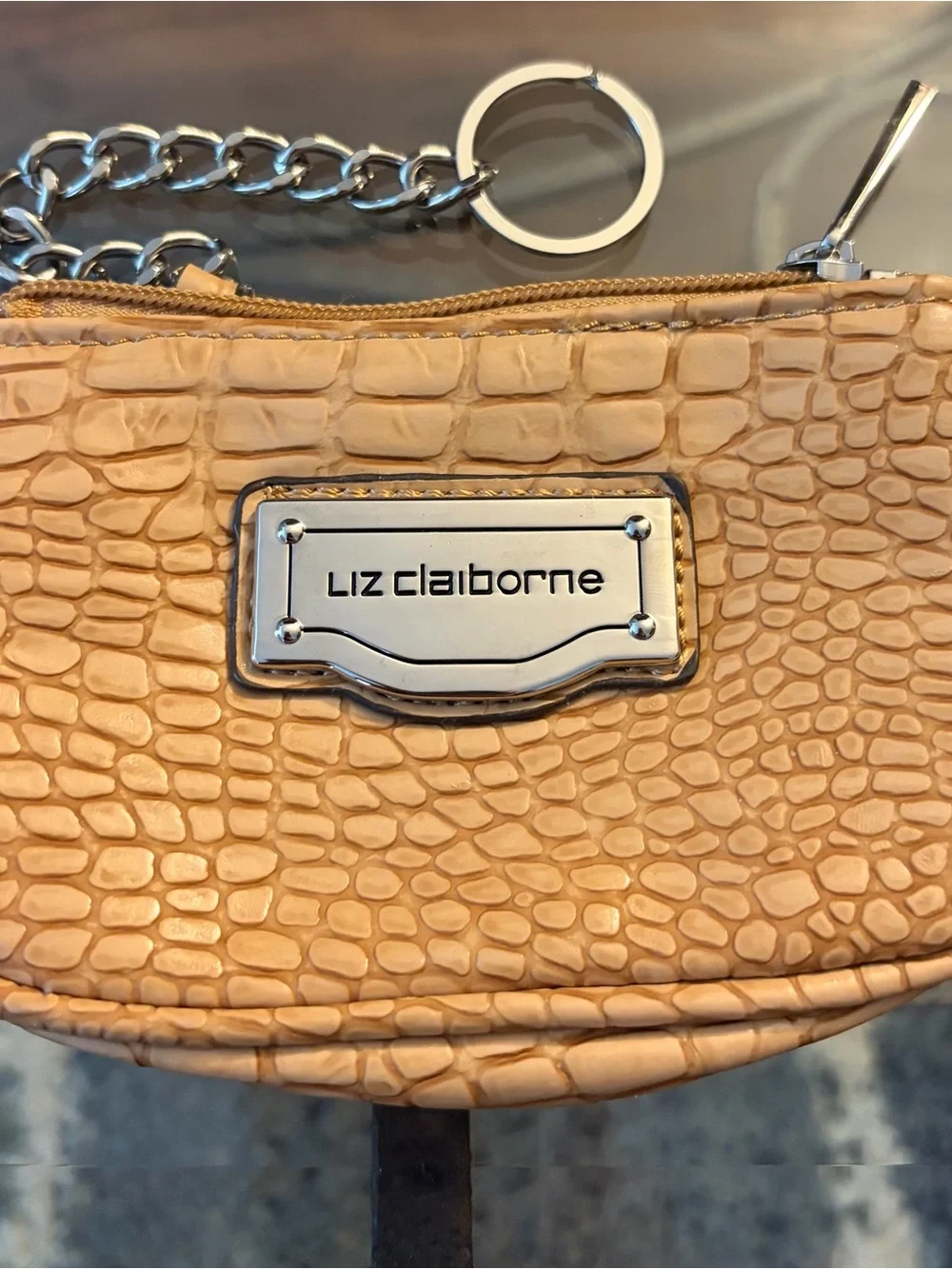 Liz Claiborne Tan Croc-Embossed Wristlet with Silver Hardware